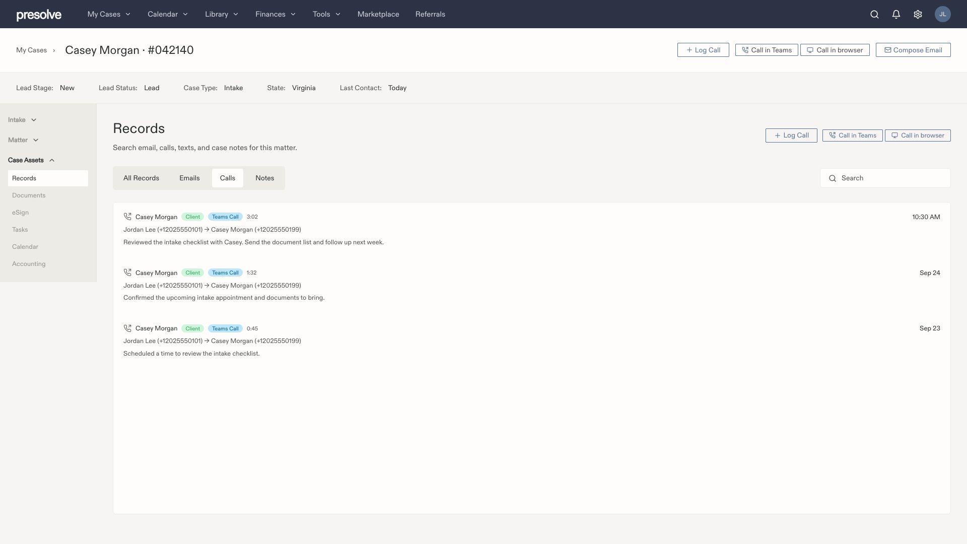 Sample case showing Call in Teams in the case header and Records toolbar.