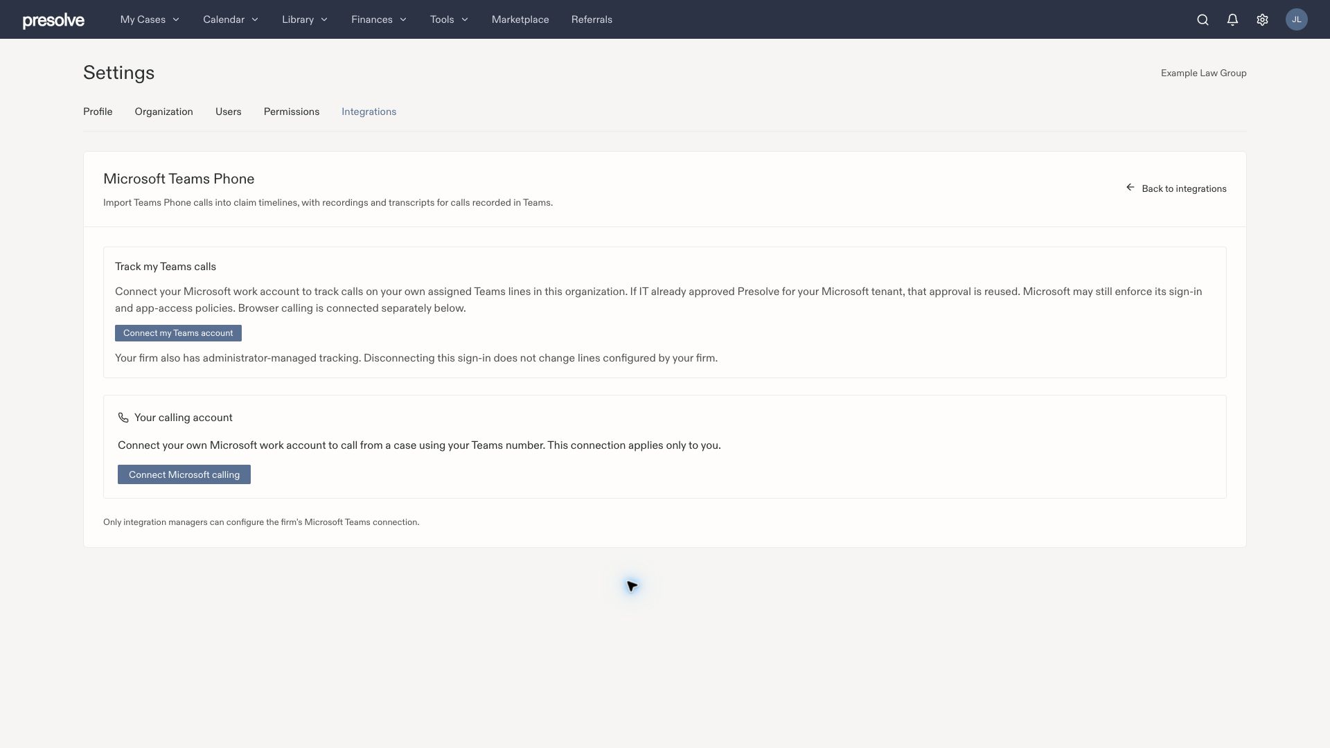 Settings → Integrations → Microsoft Teams Phone, showing Connect my Teams account and the separate Connect Microsoft calling control.