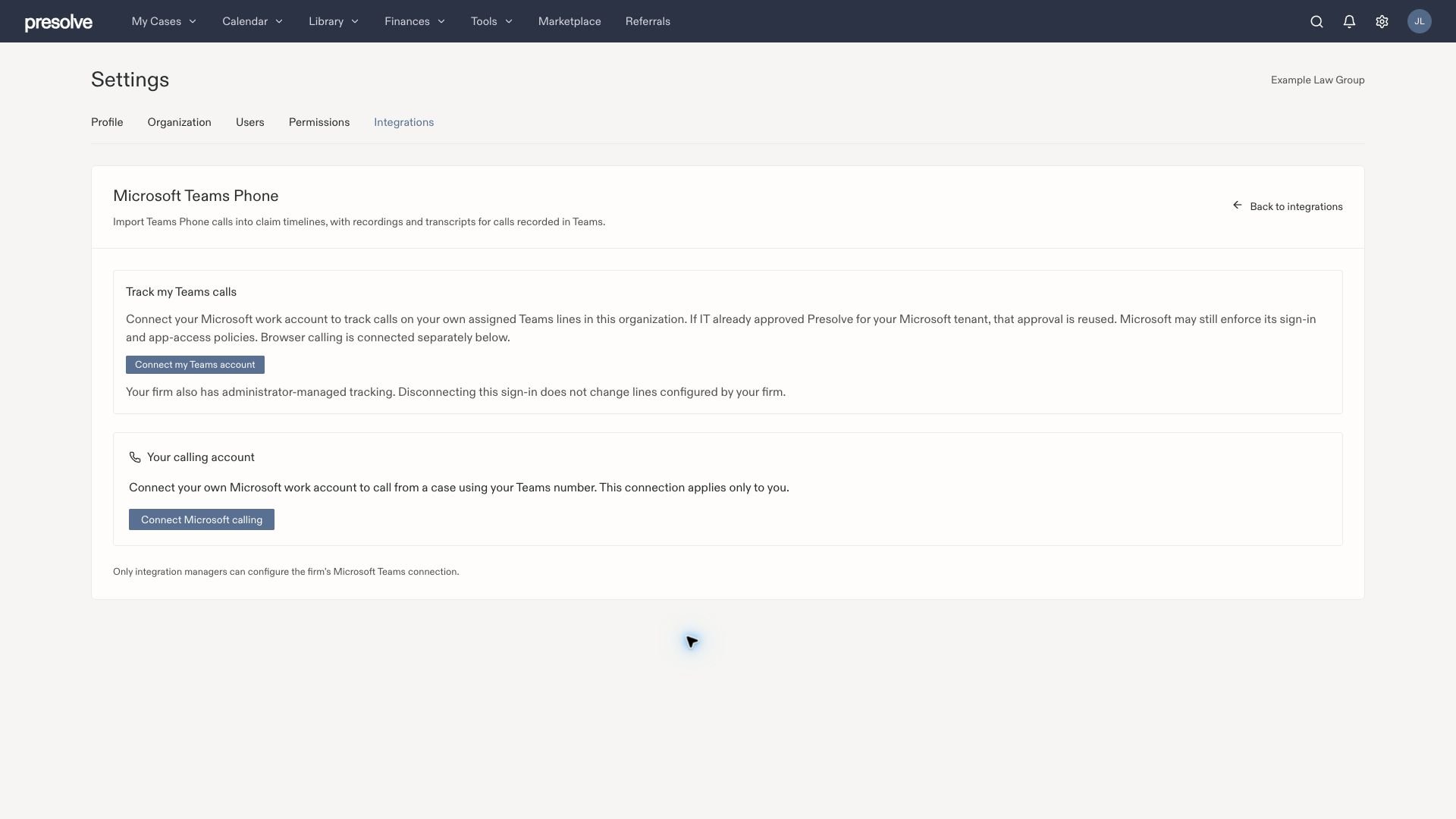 Settings → Integrations → Microsoft Teams Phone, showing Connect my Teams account and the separate Connect Microsoft calling control.