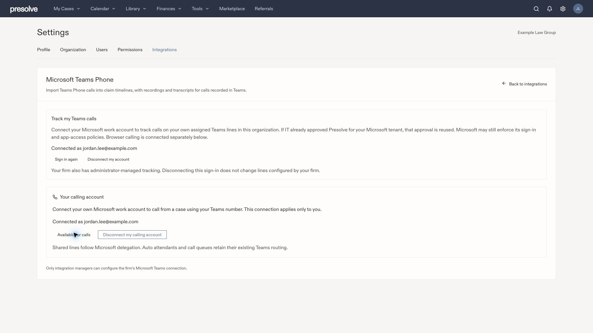 Sample work account connected for call tracking and browser calling, with Available for calls enabled.