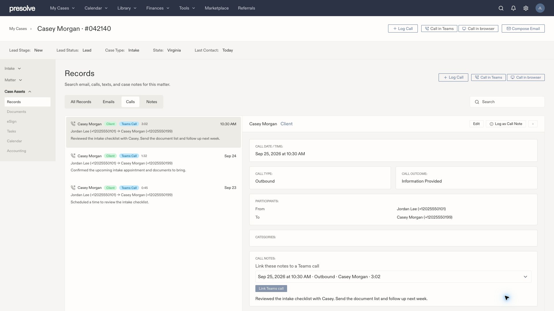 Manual call details with the matching Teams call selected and Link Teams call enabled.