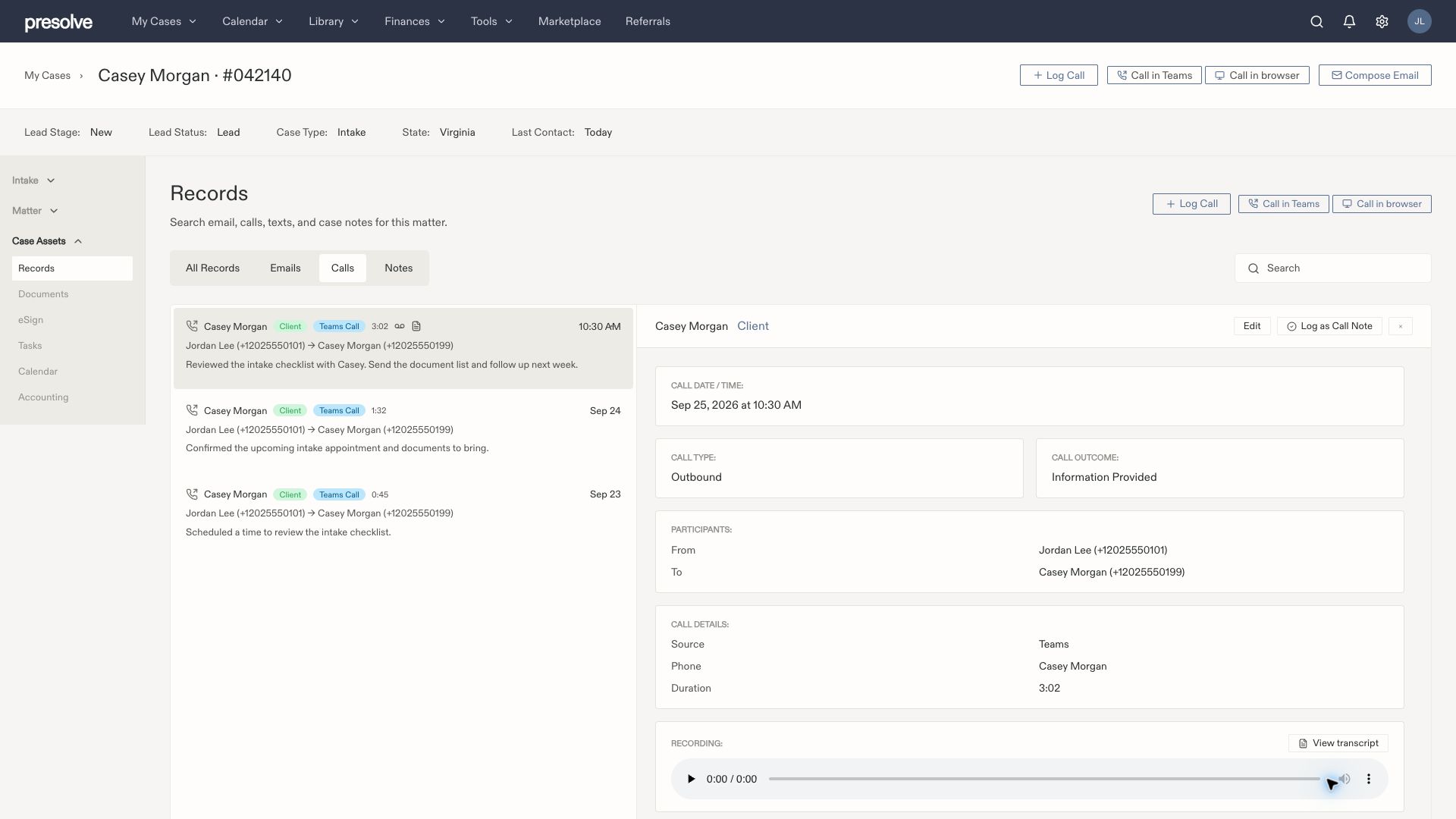 Expanded Records layout showing a sample Teams call with From and To participants, duration, and recording controls.