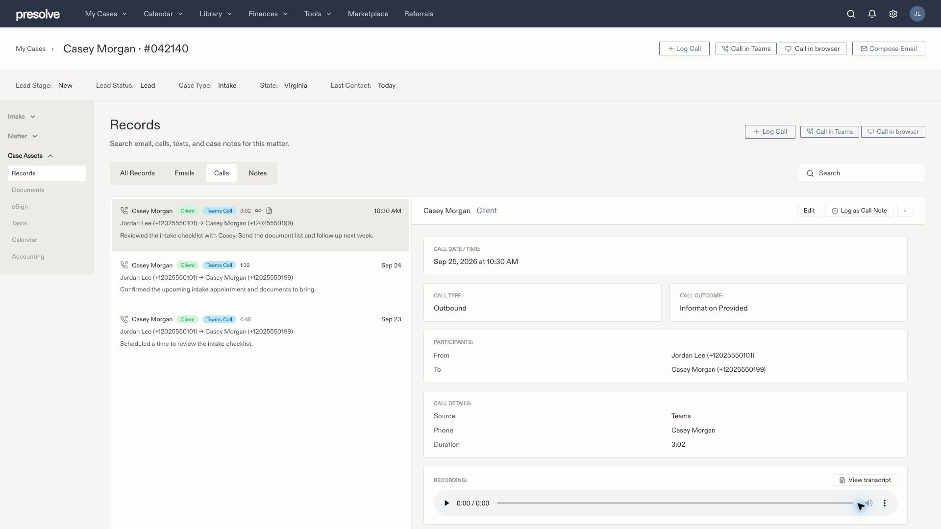 Expanded Records layout showing a sample Teams call with From and To participants, duration, and recording controls.