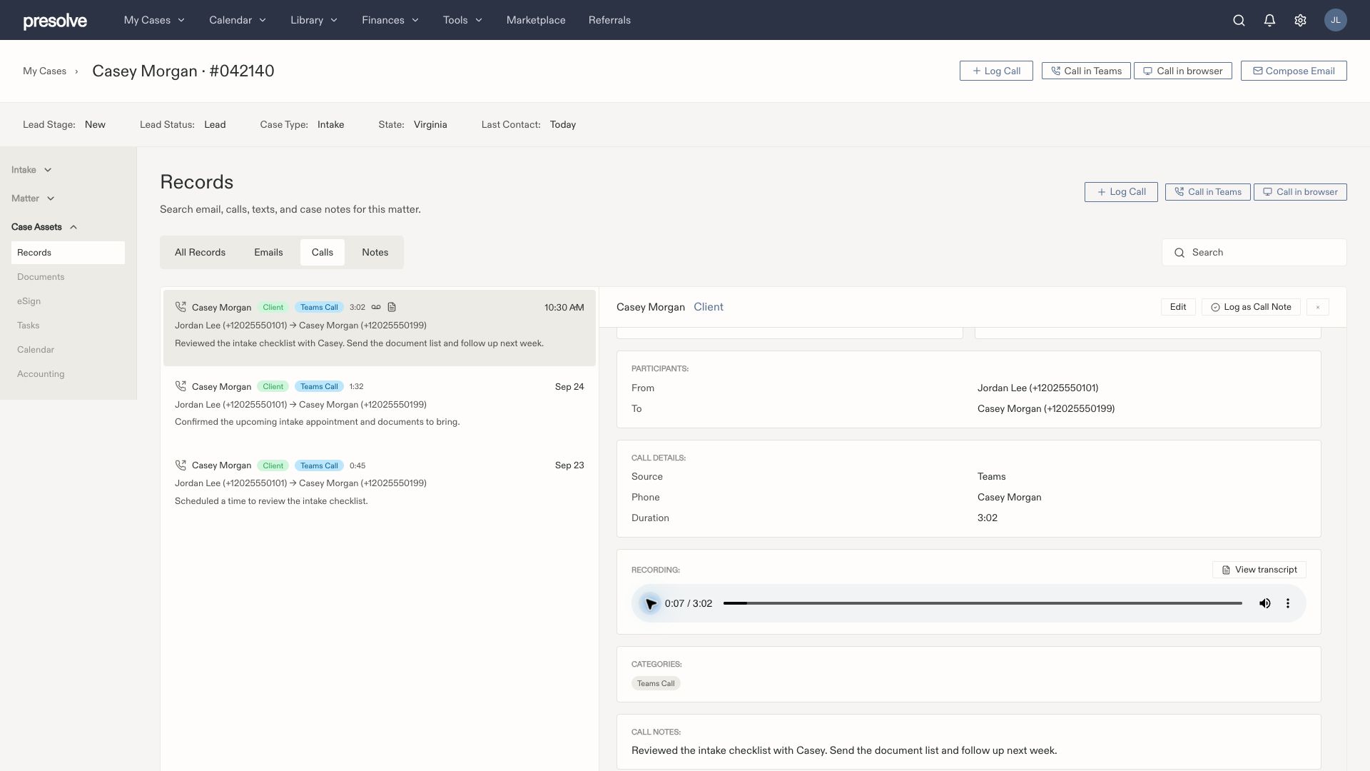Full case workspace with a recording player showing a 3-minute sample file, View transcript, Teams Call category, and notes.
