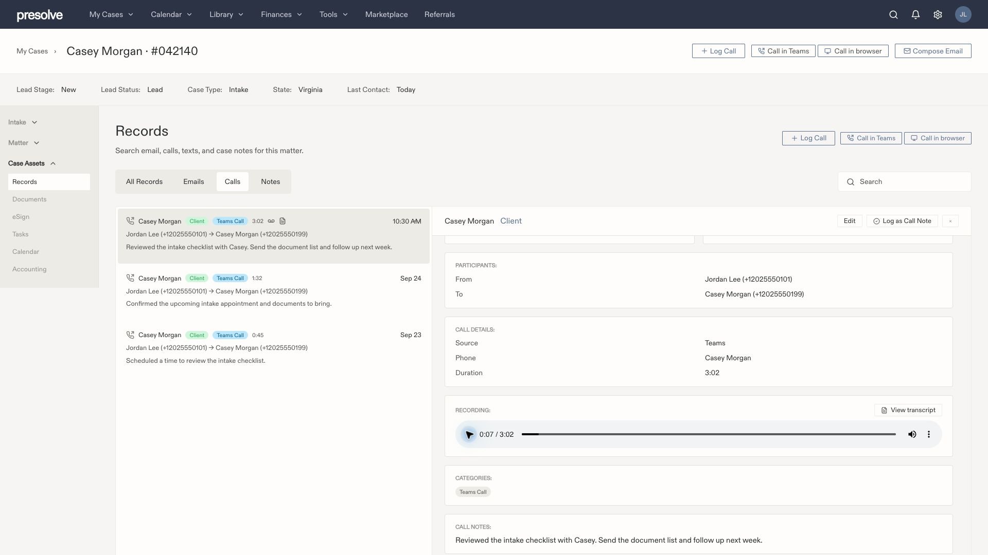 Full case workspace with a recording player showing a 3-minute sample file, View transcript, Teams Call category, and notes.