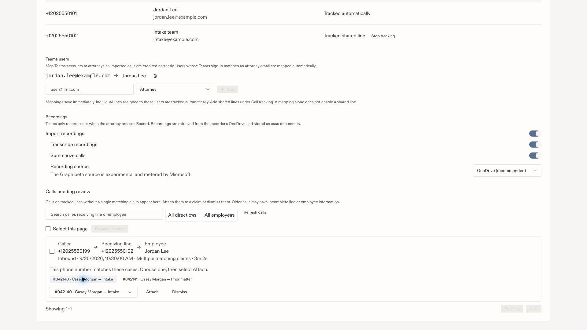 Inbound sample call with its intake line, employee Jordan Lee, two matching cases, and Attach enabled for the selected case.