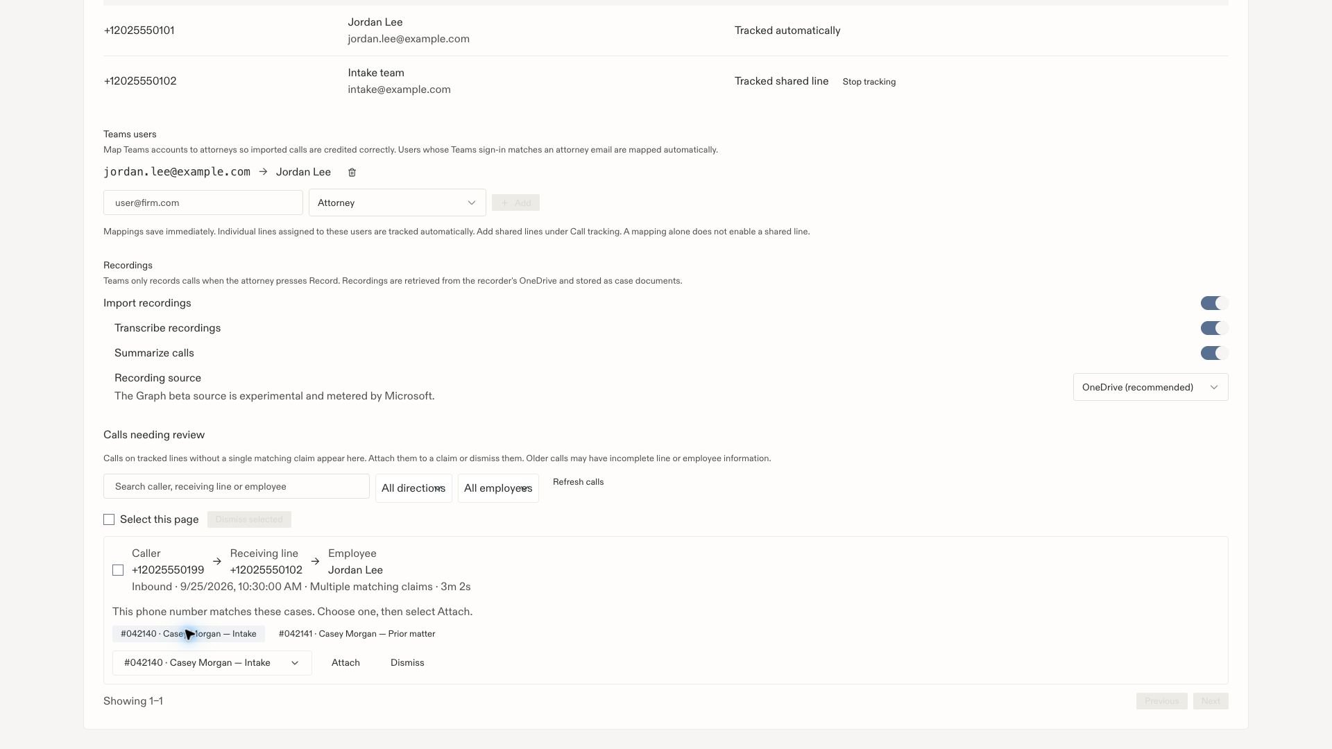 Inbound sample call with its intake line, employee Jordan Lee, two matching cases, and Attach enabled for the selected case.