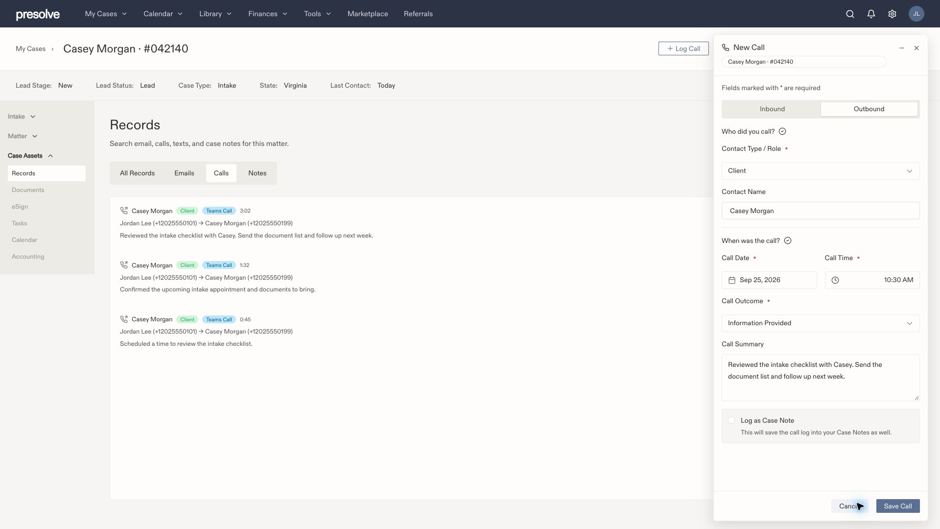 New Call drawer with Client, Casey Morgan, date and time, Information Provided outcome, Call Summary, and Save Call.