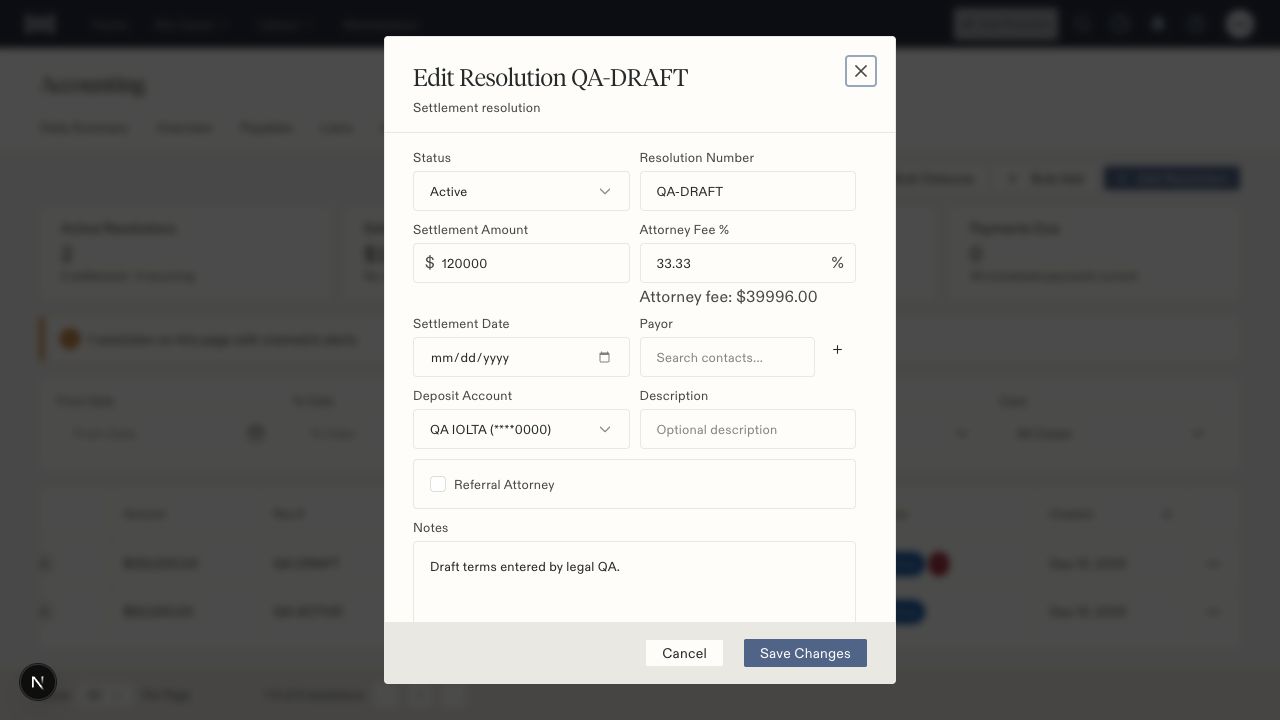 Accounting user's resolution editor with enabled Active status, settlement amount, attorney fee, and the fictional QA IOLTA deposit account selected.