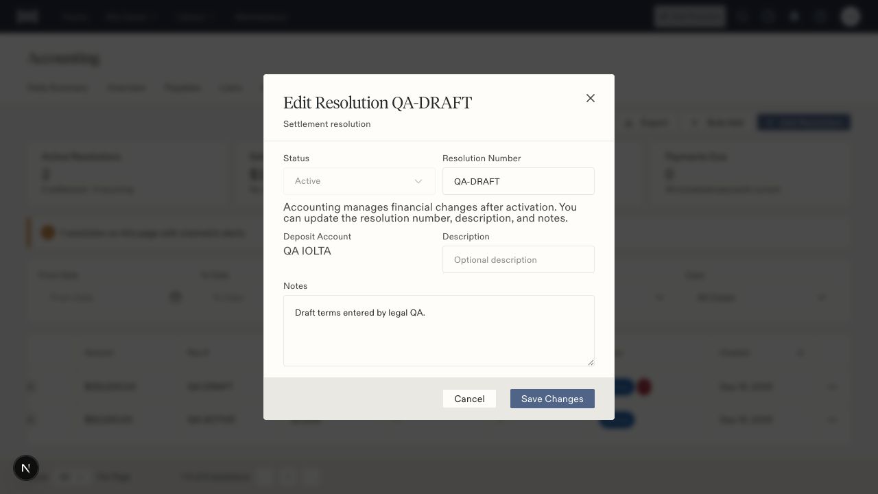 Legal user's editor for an active resolution with disabled status, a read-only QA IOLTA account, and editable resolution number, description, and notes.