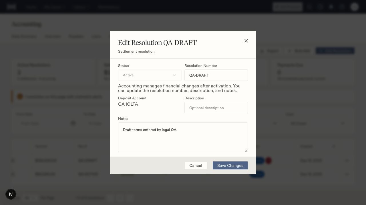 Legal user's editor for an active resolution with disabled status, a read-only QA IOLTA account, and editable resolution number, description, and notes.