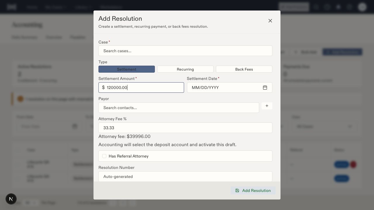 Legal user's Add Resolution form showing an example amount and the message that accounting will select the deposit account and activate the draft.
