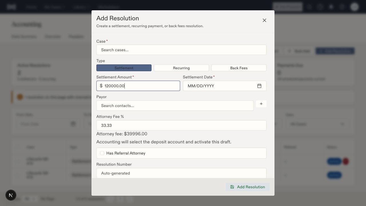 Legal user's Add Resolution form showing an example amount and the message that accounting will select the deposit account and activate the draft.