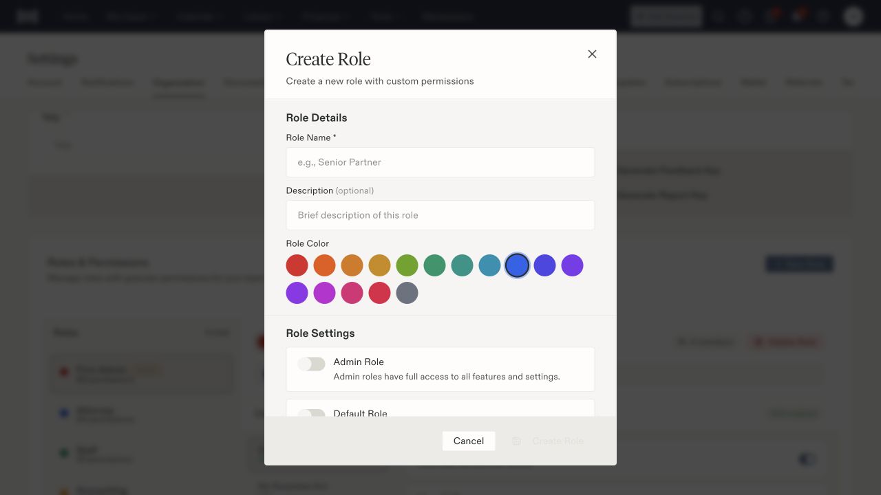 Create Role dialog with name, description, color, and administrator-role switch.