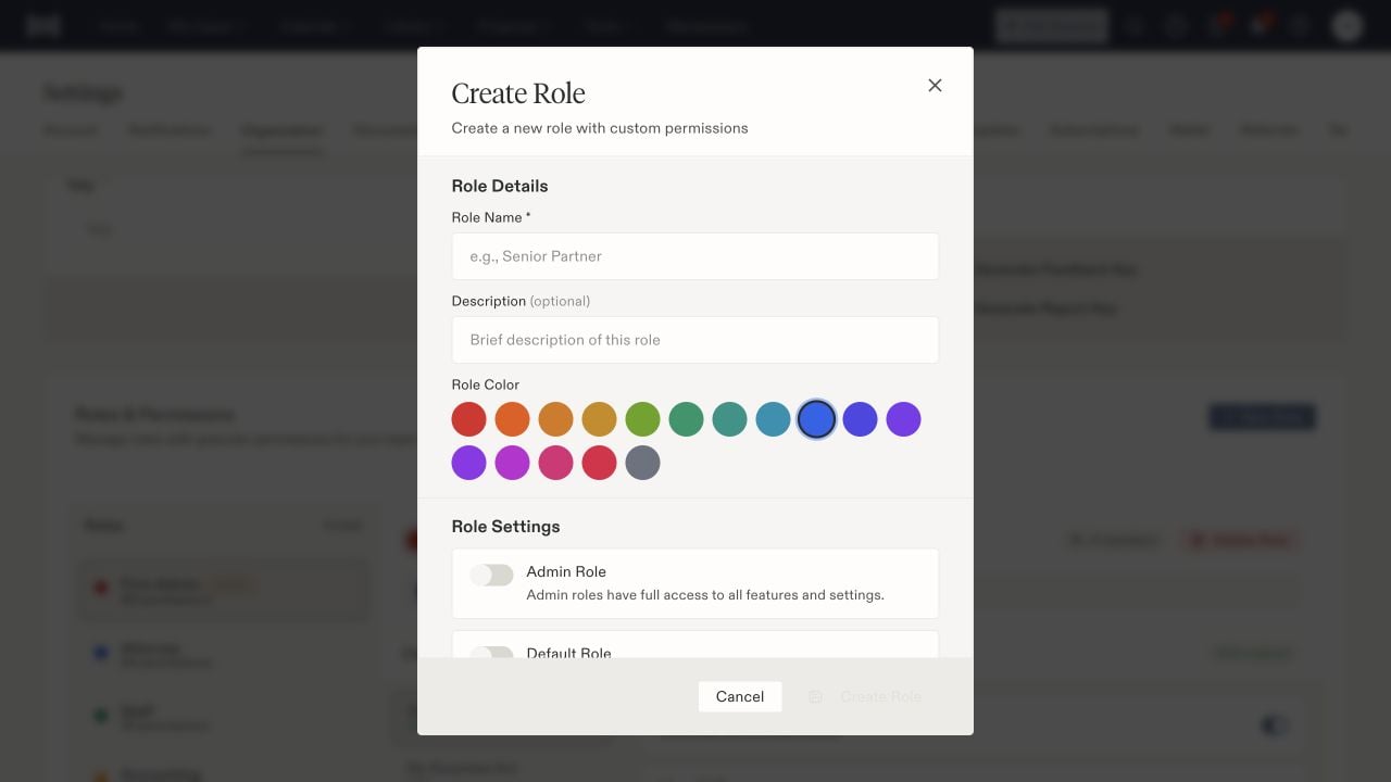 Create Role dialog with name, description, color, and administrator-role switch.