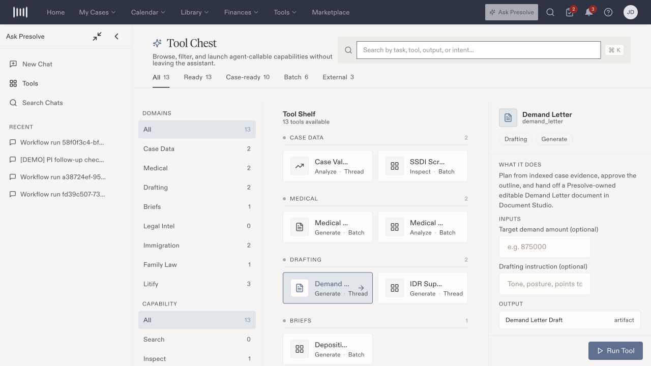 Tool Chest search, availability filters, domains, tool shelf, and Demand Letter input panel.