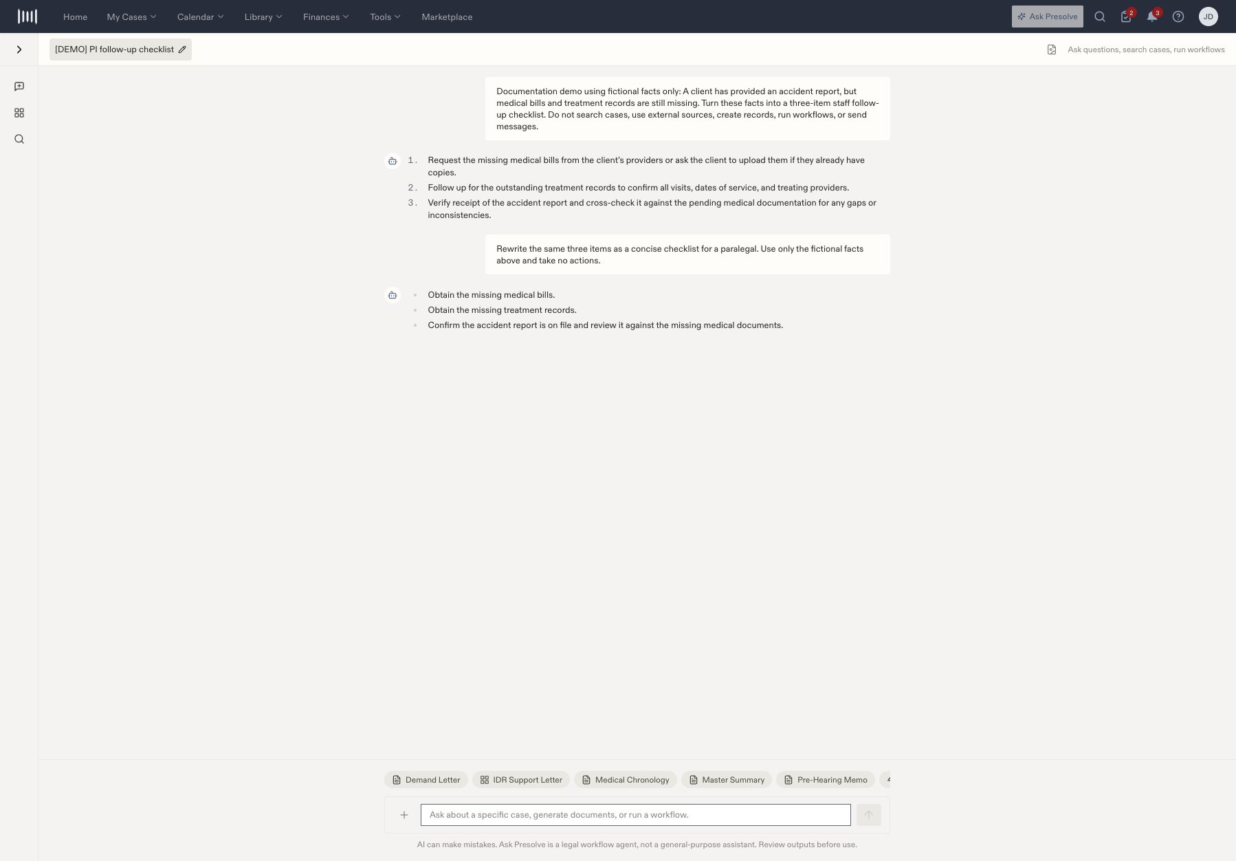 Ask Presolve conversation showing a fictional request about missing medical documents and a concise follow-up checklist.