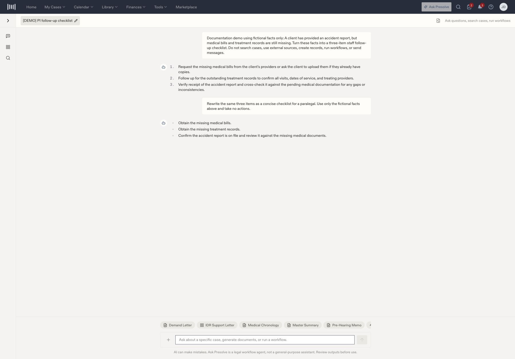 Ask Presolve conversation showing a fictional request about missing medical documents and a concise follow-up checklist.