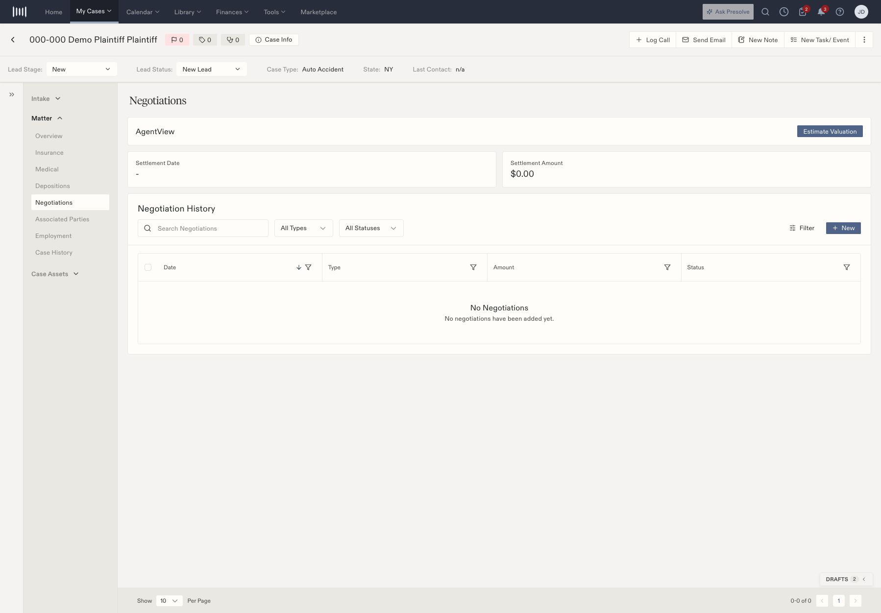 Auto Accident matter with Intake, Matter, and Case Assets navigation and an empty Negotiation History table.
