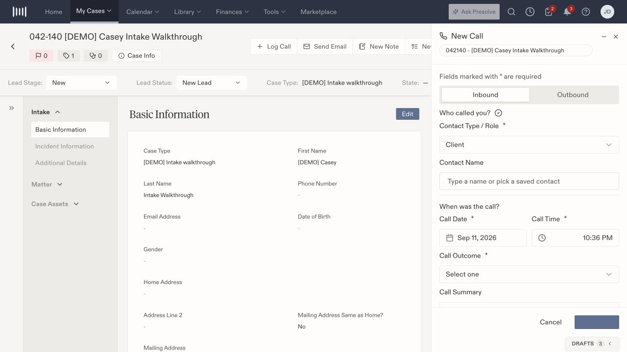 New Call drawer on a fictional matter, with Inbound selected, Client role, and date, time, outcome, and summary controls.