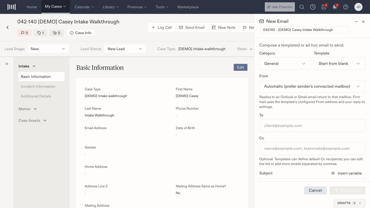 New Email drawer showing category, blank template selection, sending mailbox, To, Cc, and Subject fields.