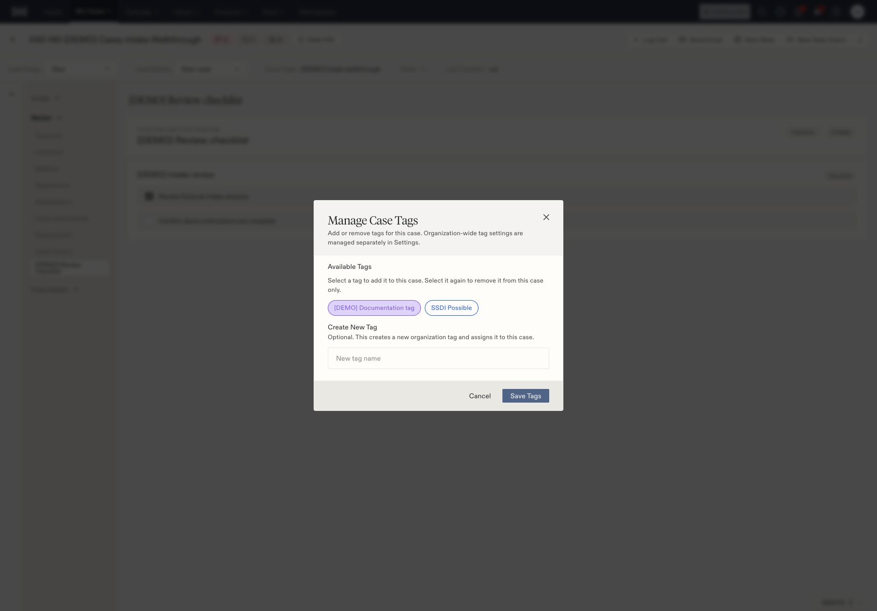Manage Case Tags with the demo tag selected and the Save Tags button visible.
