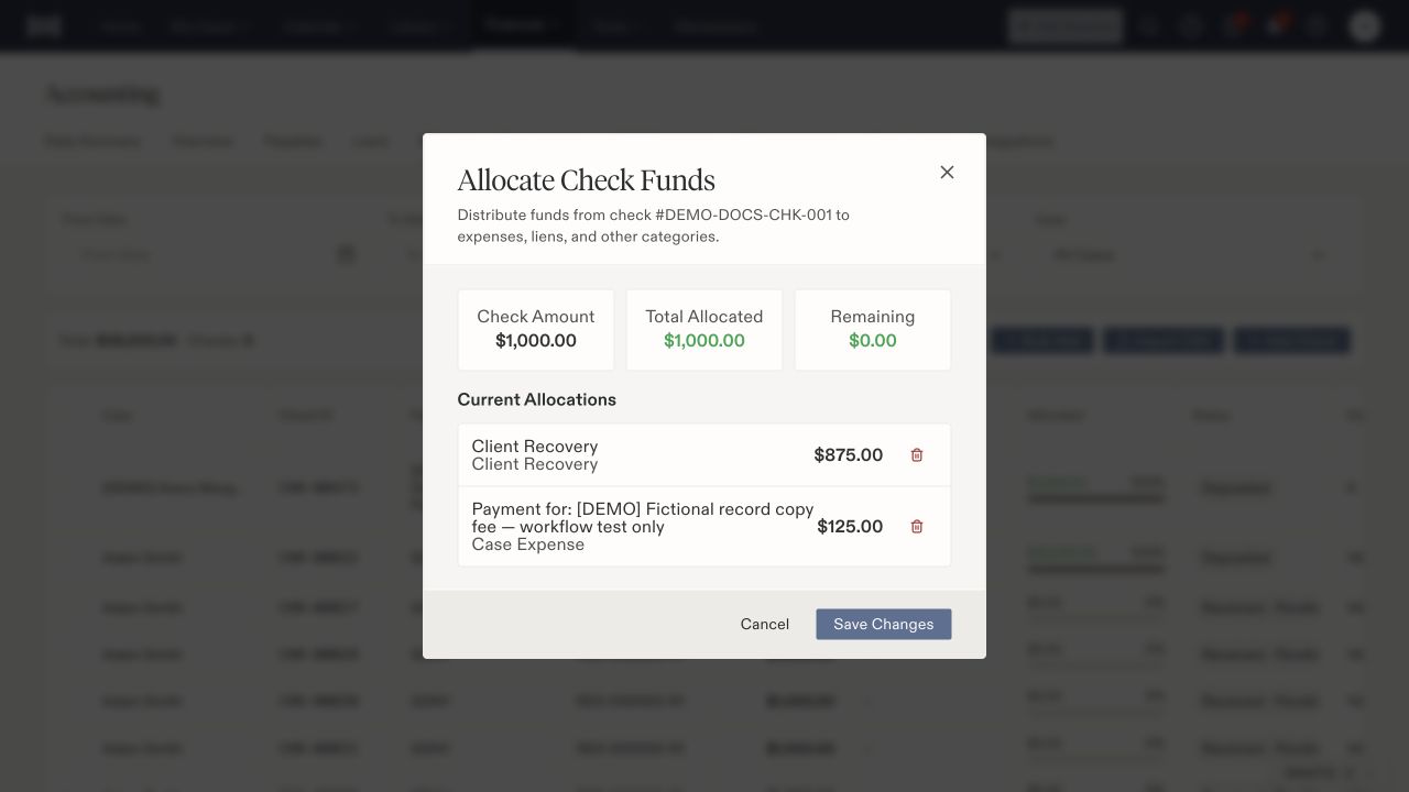Allocate Check Funds showing 1000 dollars allocated, zero remaining, 875 dollars client recovery, and a 125-dollar case expense.