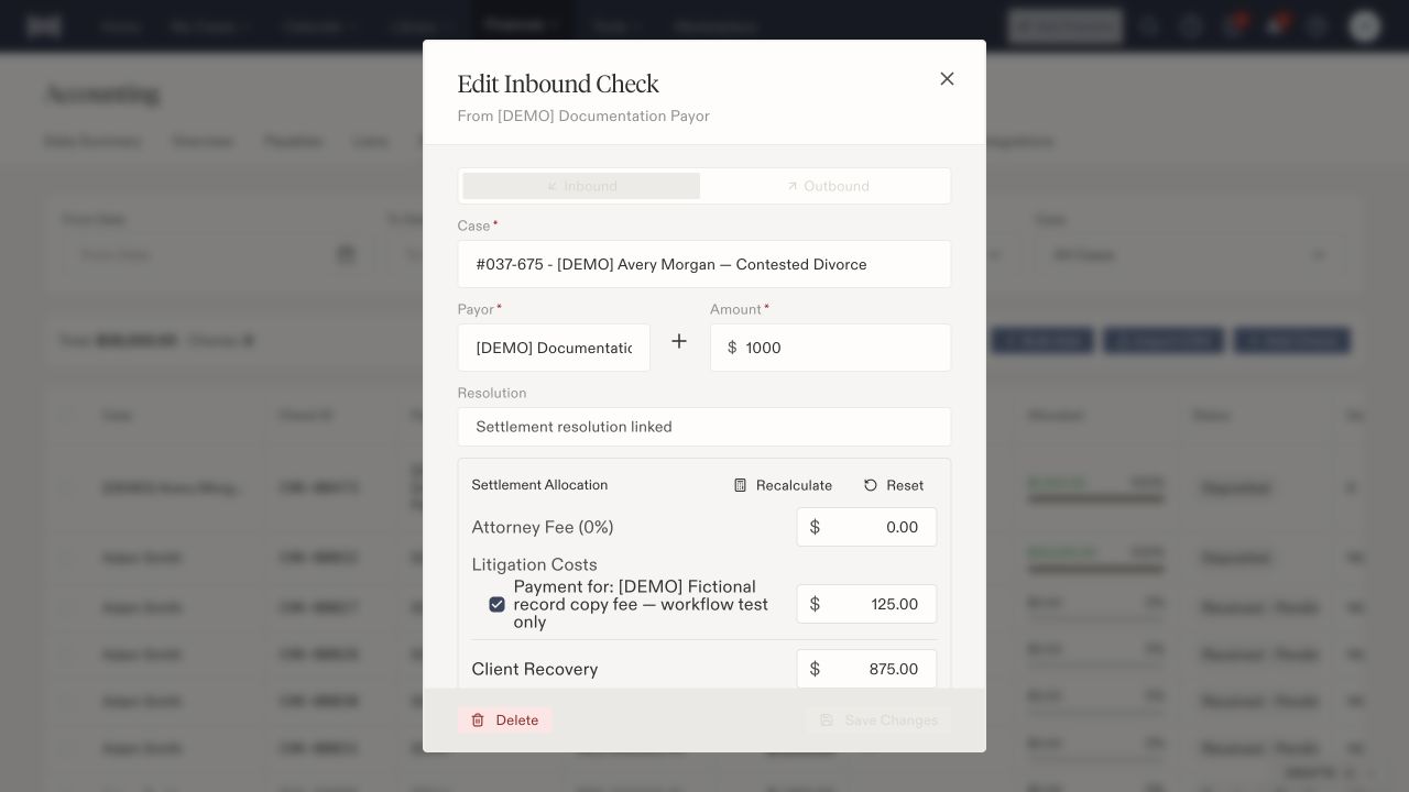 Edit Inbound Check showing the Avery demo matter, 1000-dollar amount, linked settlement, expense, and client recovery.