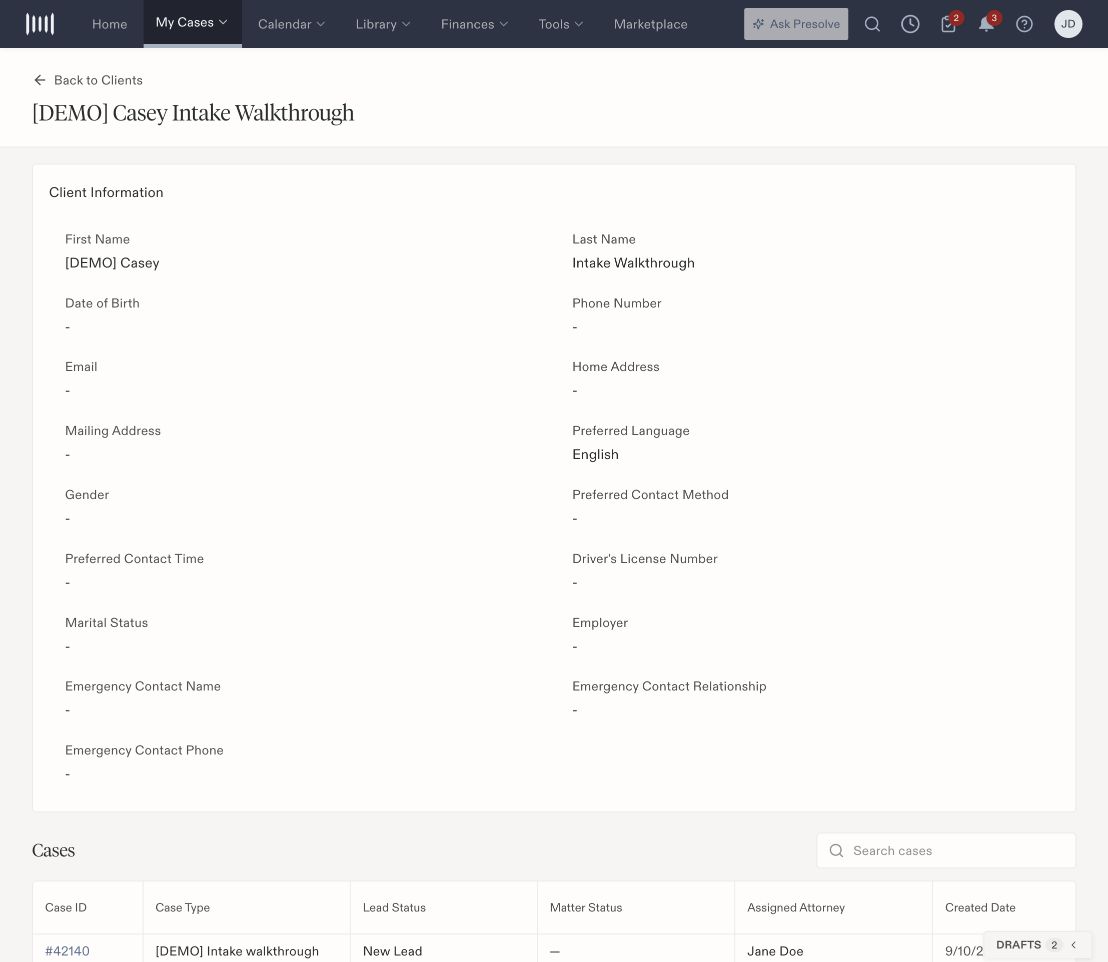 Casey demonstration client profile showing English as the preferred language and a linked intake case.