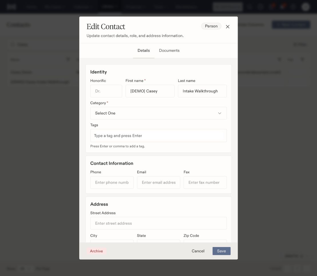 Edit Contact dialog for a fictional person with identity, category, tags, and contact information fields.