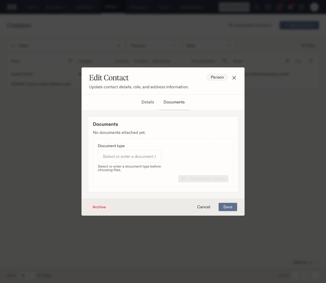 Contact Documents tab showing no attachments and a disabled Choose from Library button until a document type is entered.