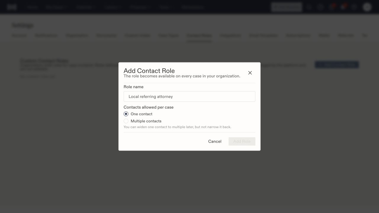 Add Contact Role dialog with role name and one-contact or multiple-contact choices.