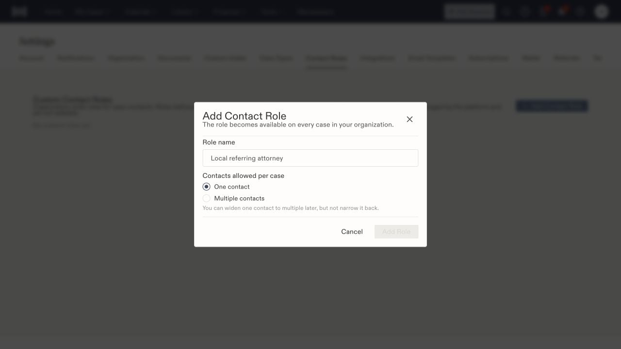 Add Contact Role dialog with role name and one-contact or multiple-contact choices.