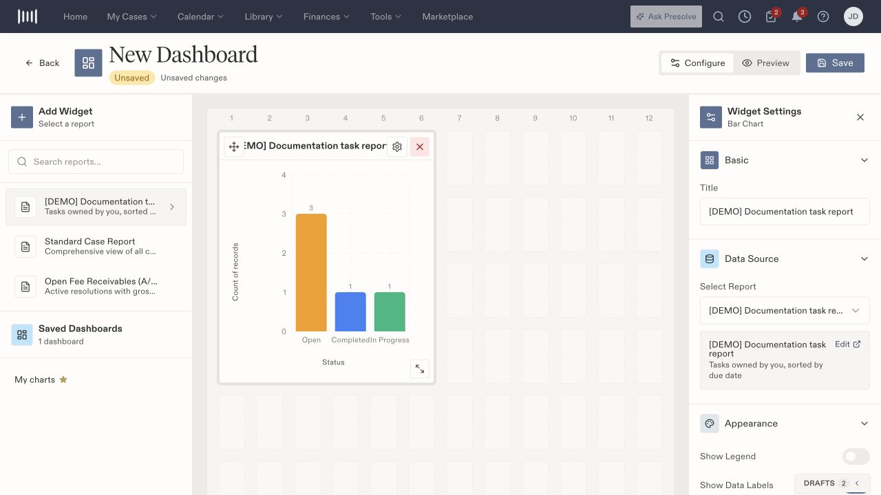 Dashboard Builder showing a task-status chart, layout grid, and Widget Settings with title and data source.