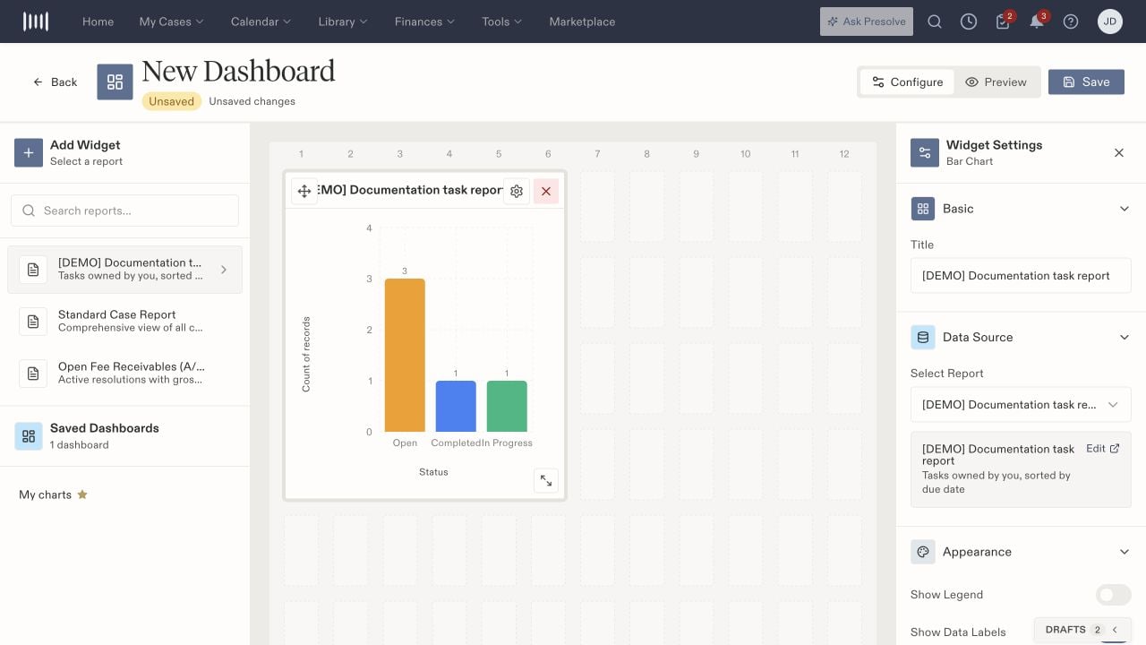 Dashboard Builder showing a task-status chart, layout grid, and Widget Settings with title and data source.