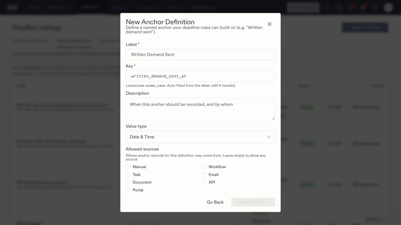 New Anchor Definition dialog with label, key, description, value type, and allowed-source checkboxes.