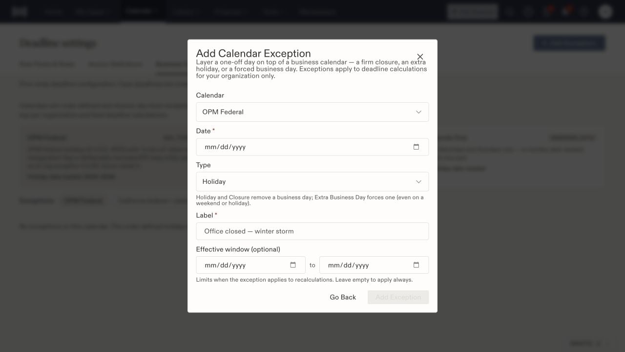 Add Calendar Exception form with calendar, date, type, label, and effective-from and effective-to fields.