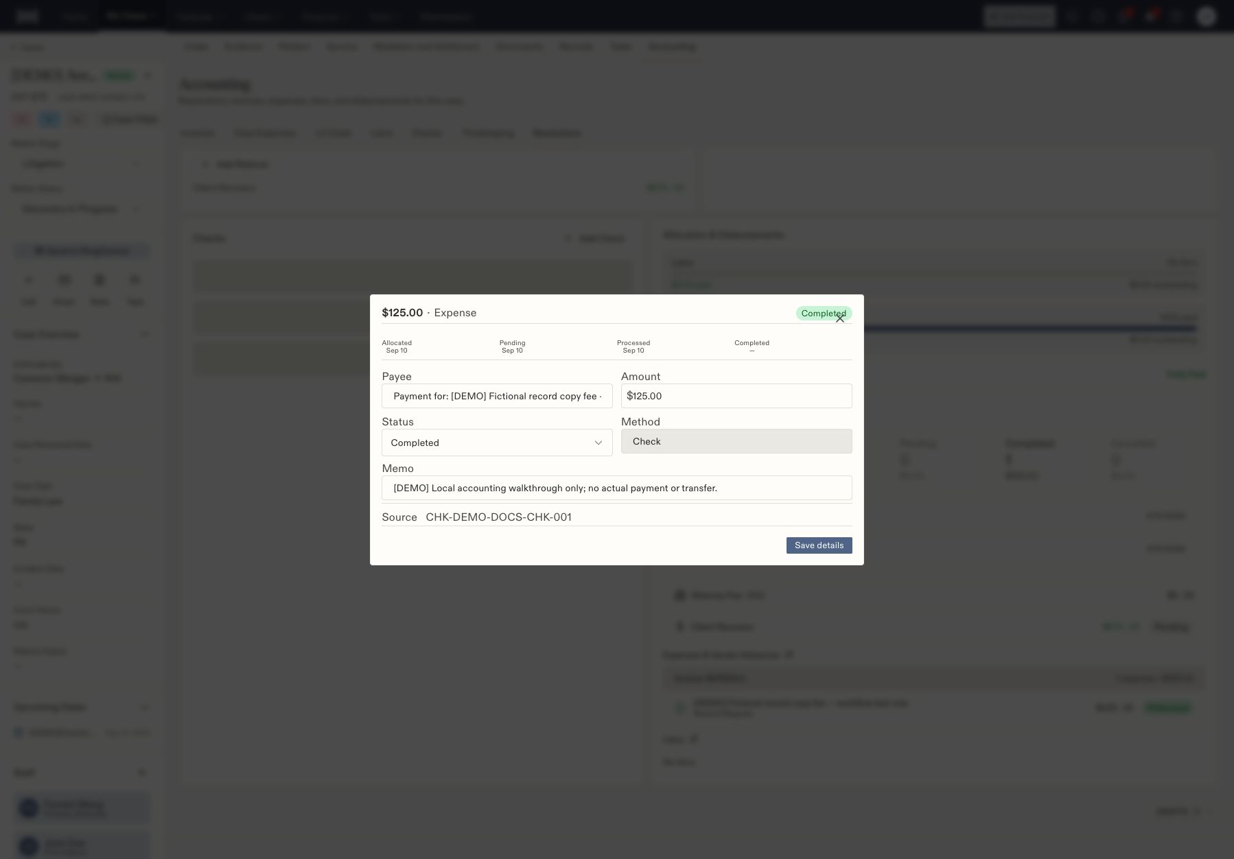 Expense disbursement detail with amount 125 dollars, Completed status, Check method, memo, and source check.