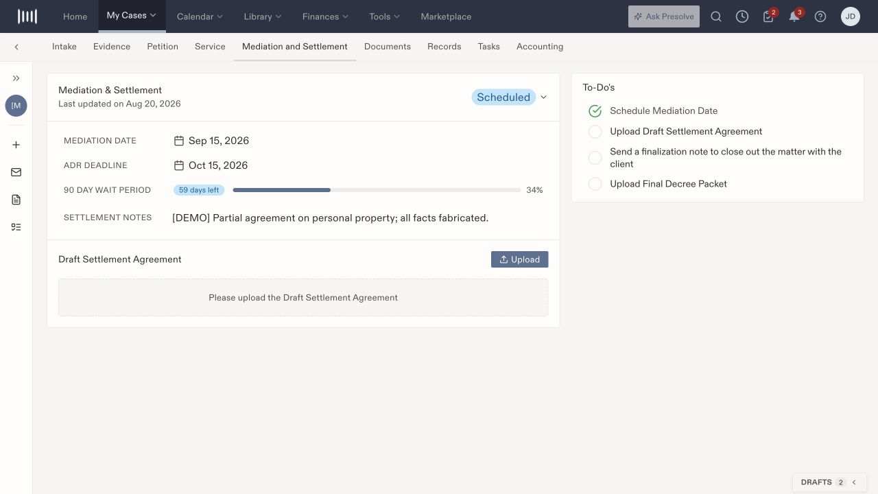 Divorce Mediation and Settlement tab with fictional dates, settlement notes, draft-agreement upload, and finalization to-dos.