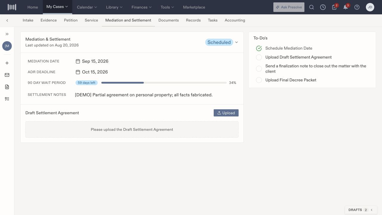 Divorce Mediation and Settlement tab with fictional dates, settlement notes, draft-agreement upload, and finalization to-dos.