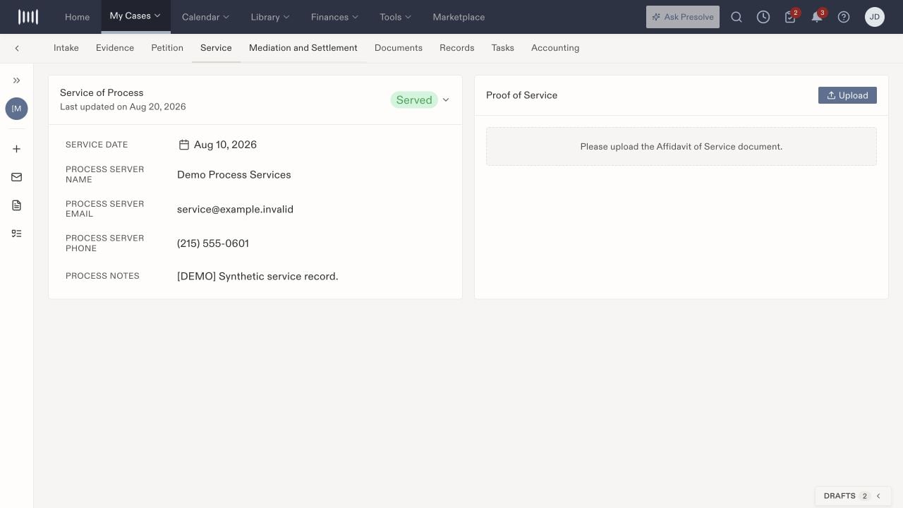 Divorce Service tab with synthetic process-server details, a Served status, and an empty Proof of Service upload area.