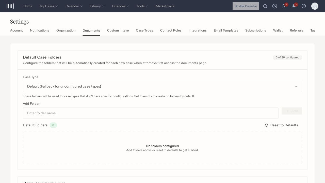 Default Case Folders showing the fallback case-type selection, Add Folder field, and folder list.