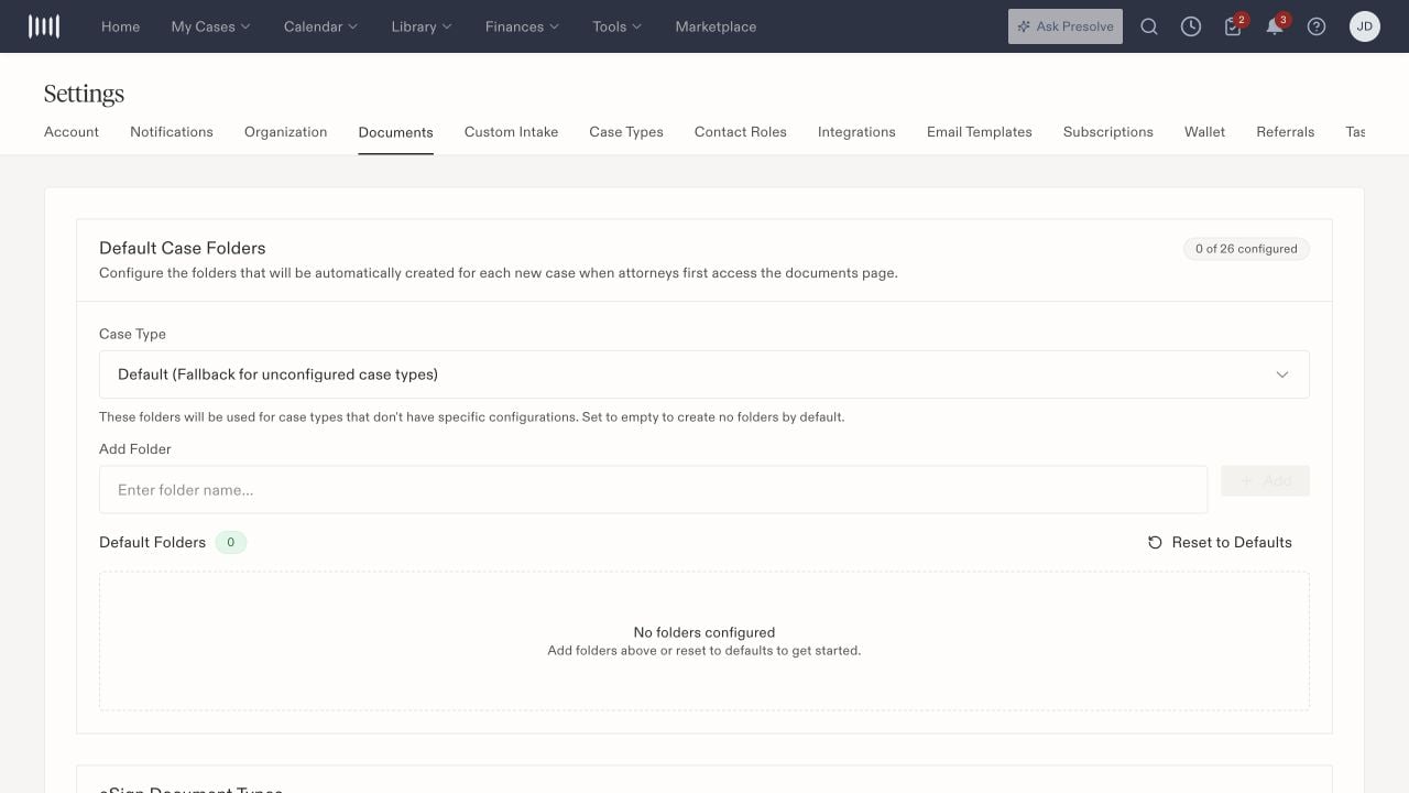 Default Case Folders showing the fallback case-type selection, Add Folder field, and folder list.