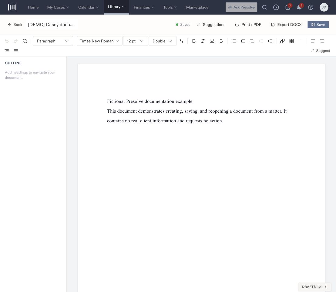 Document editor displaying Saved, formatting controls, and a fictional two-paragraph document.