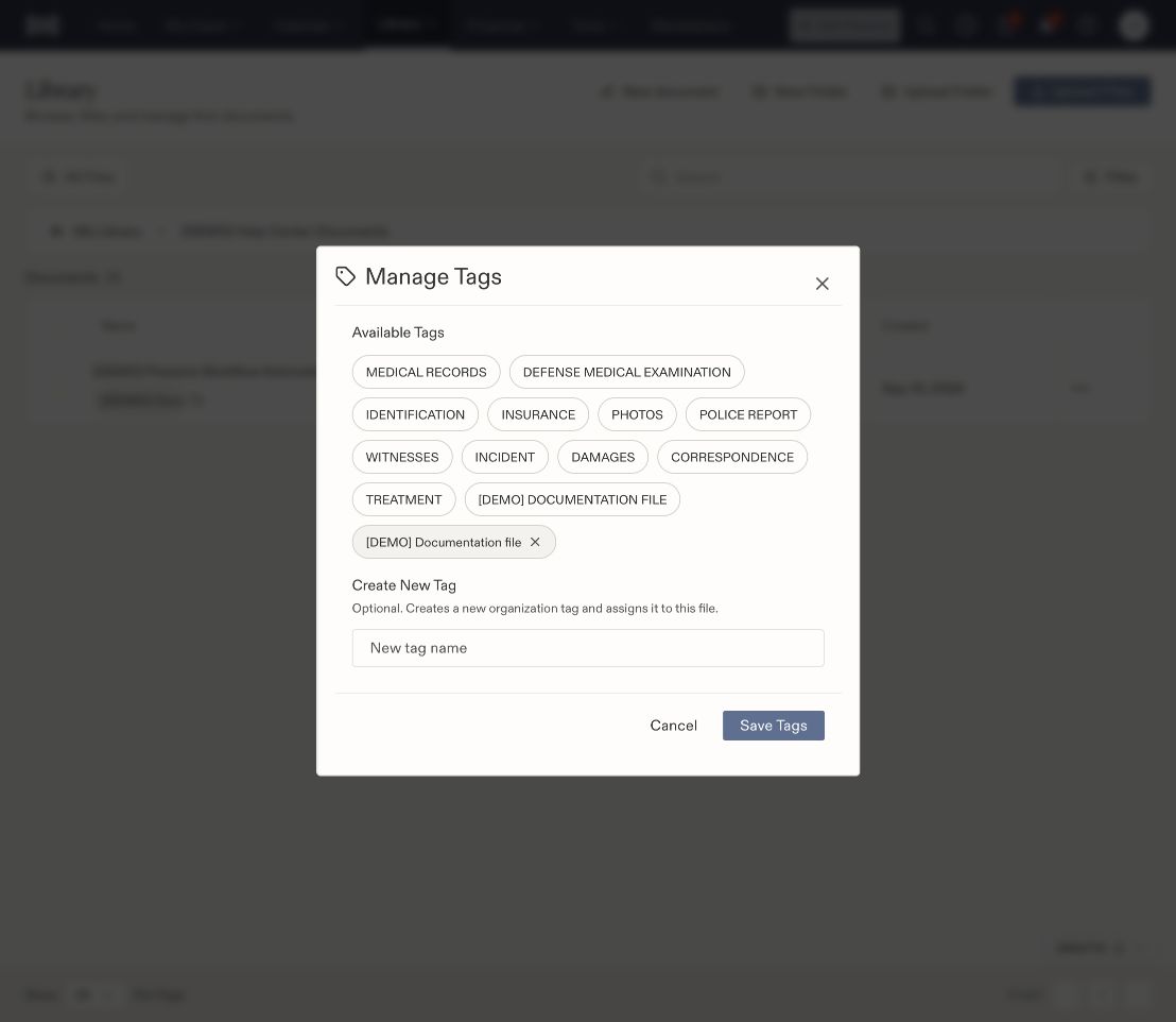 Document Manage Tags dialog with available categories, a selected demo tag, a new-tag field, and Save Tags.