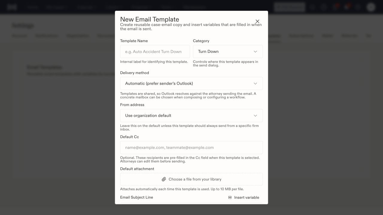 New Email Template form with name, category, delivery method, From address, Default Cc, and library attachment controls.