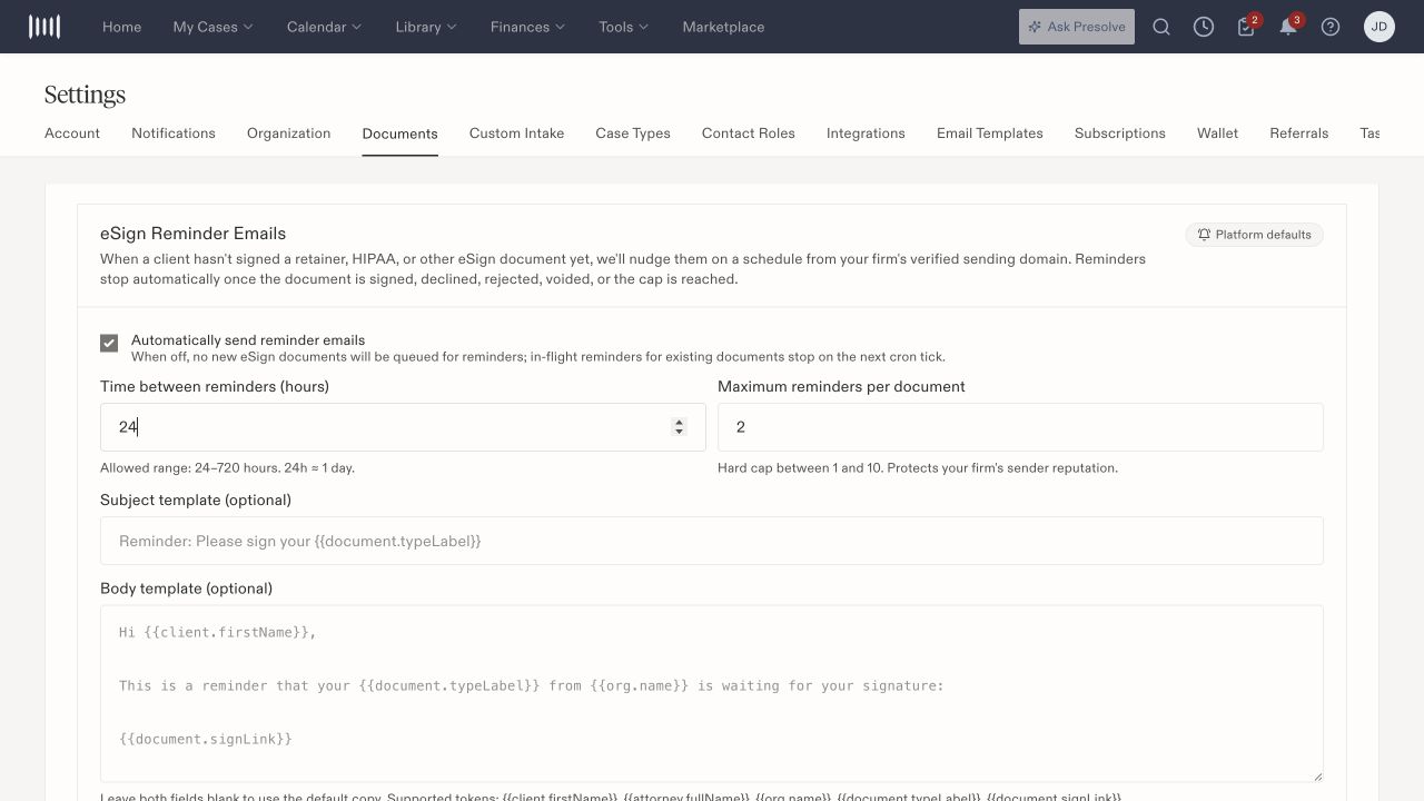 E-sign reminder settings with automatic reminders enabled, interval and maximum fields, and message templates.