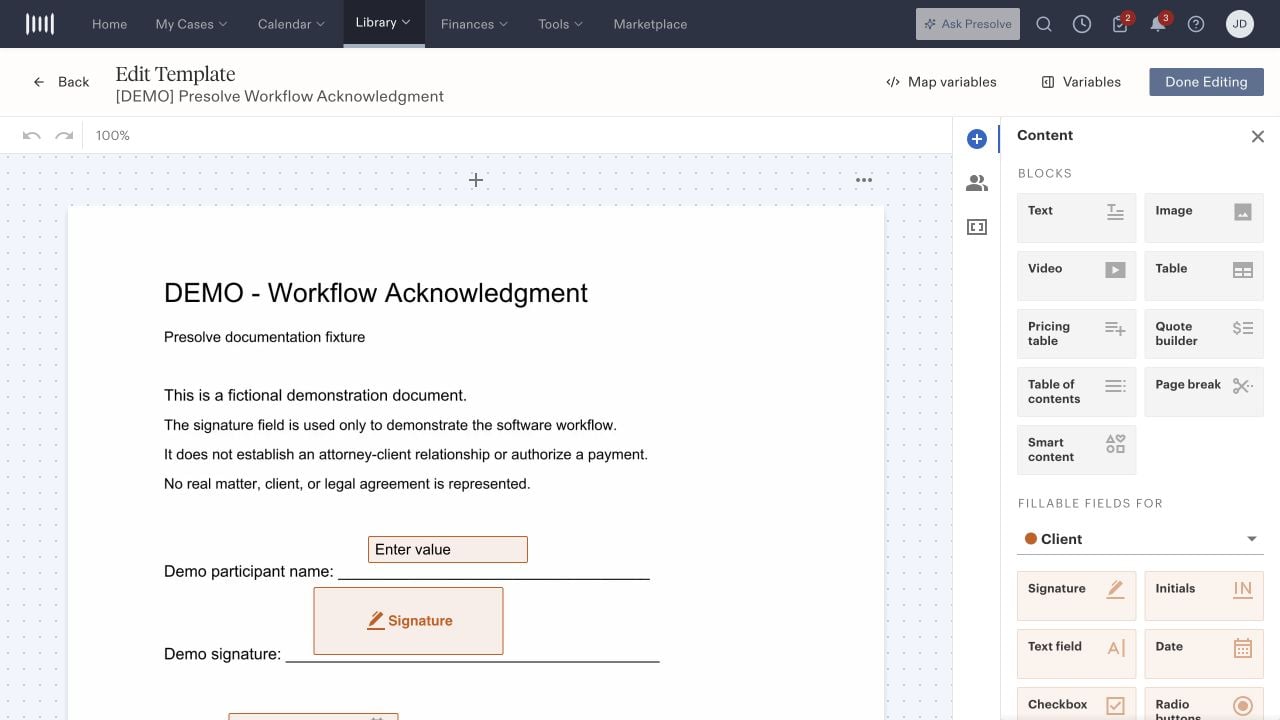 Template editor with a fictional acknowledgment and Client text and signature fields.