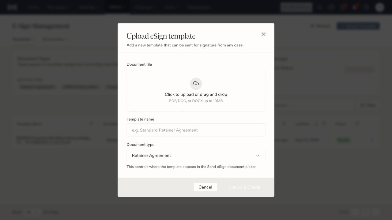 Upload eSign template dialog with file upload, template name, document type, and Upload and Create button.