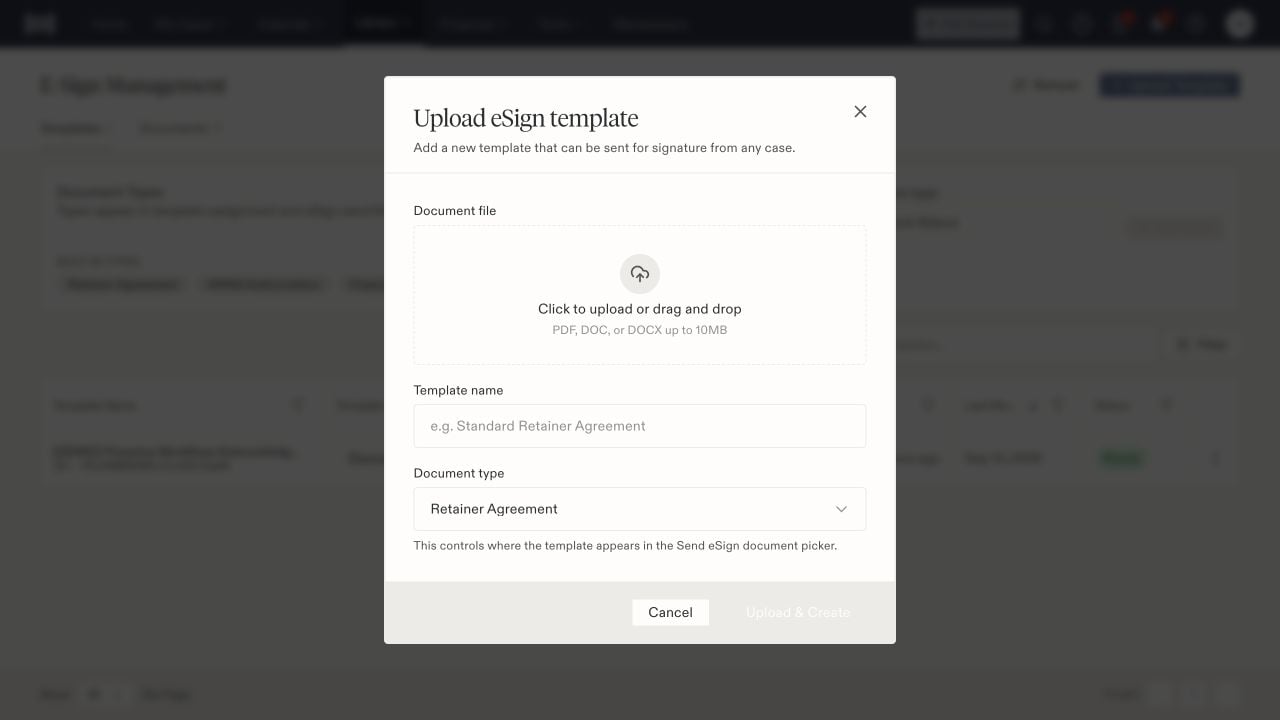 Upload eSign template dialog with file upload, template name, document type, and Upload and Create button.